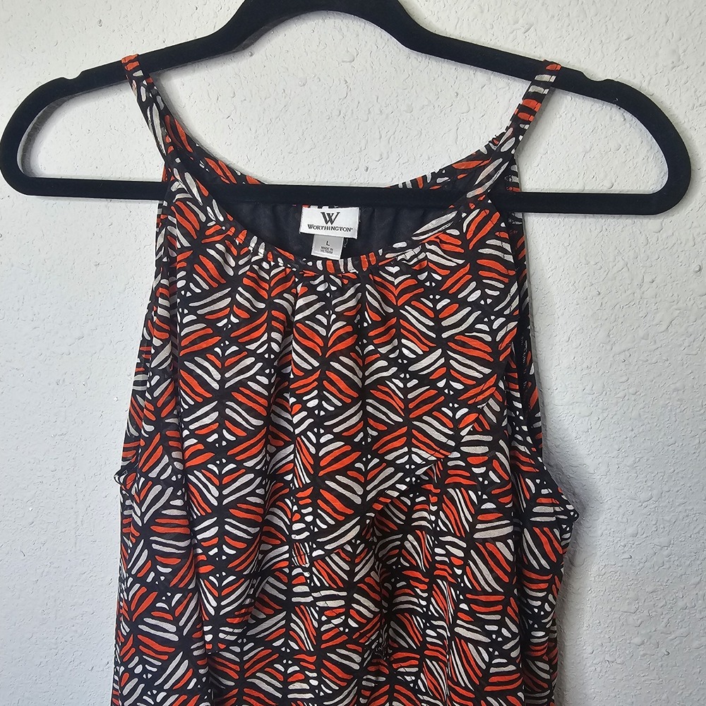 Worthington Womens Sleeveless Blouse Orange Black Geometric Print Large Fall
